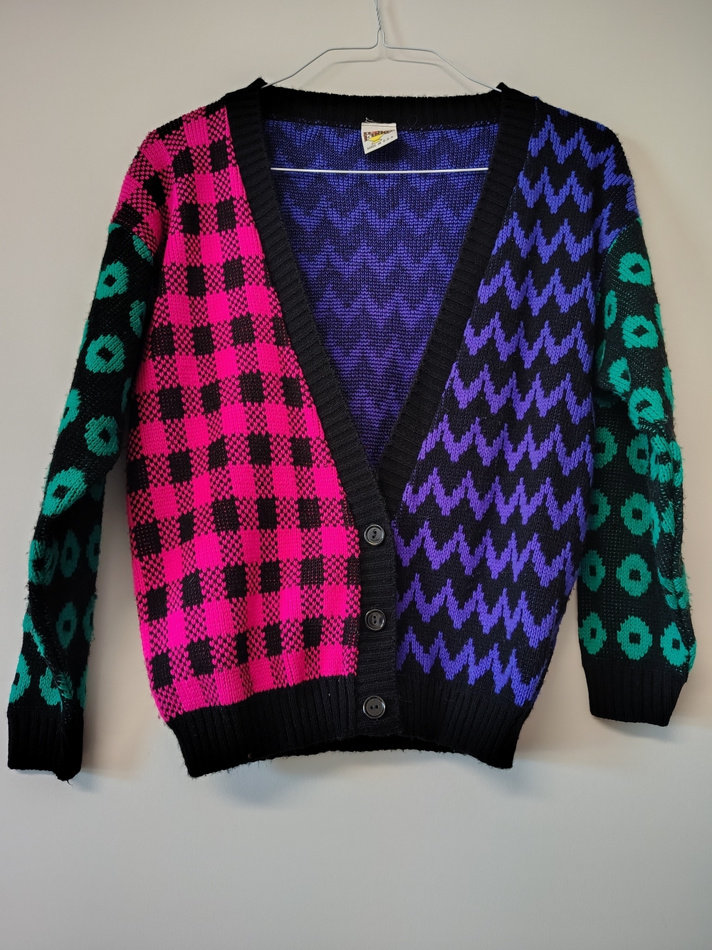 Vintage Maximalist Colorblock V-Neck Cardigan Sweater - Pink, Purple & Green